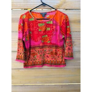 Alexandria Pierce Pink Orange Floral Sequin Cotton 3/4 Sleeve Top Large